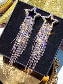 1pair Vintage Gemstone Elegant Sparkling Silver Color Crystal Tassel Earrings For Women Geometric Hanging Drop Party Wedding Jewelry