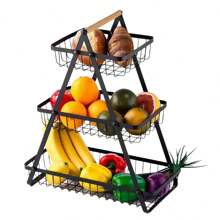 Modern Metal Fruit And Vegetable Basket With Detachable Bowl-Shaped Storage And Wooden Handle For Kitchen Organization, Perfect For Christmas/Halloween Gift, Countertop, Bathroom - Multicolor - View 3
