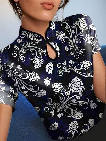 Vintage Cheongsam Blouse For Women, Ditsy Floral Short Sleeve Slim Fit Shirt, Spring/Summer New