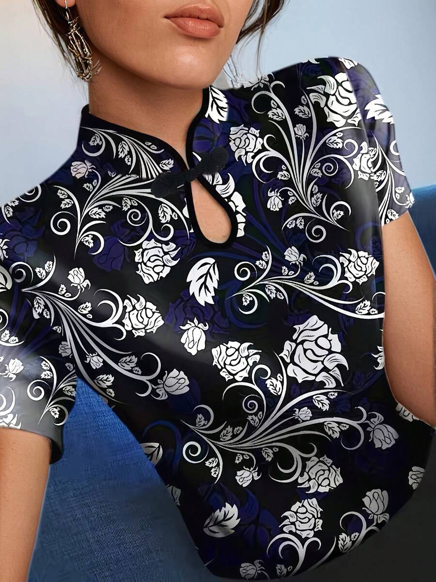 Vintage Cheongsam Bluse für Frauen, schlichtes Blumenmuster Kurzarm Slim Fit Hemd, Frühling/Sommer Neuheit