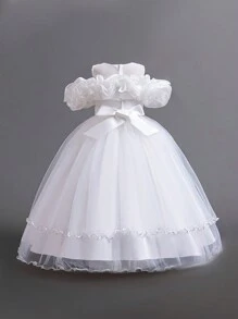 Tween Girls Sequin & Faux Pearl Applique Tulle Puff Party Princess Dress, Suitable For Birthday Celebration, Prom, Faux Pearl Decor, No Headband Included - 白色 - 查看 2