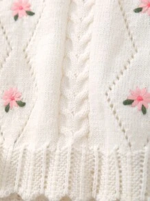 Girls' Spring/Summer/Autumn Knitted Cable Knit Round Neck Embroidered Side Hollow Pullover Vest - White - View 6