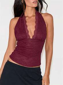 Women's Lace Tank Tops Sleeveless Halter Neck Solid Color Slim Fit Shirts Summer Tops