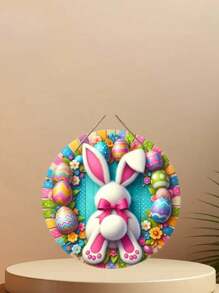 7.87 英寸木制复活节兔子复活节彩蛋前门悬挂木牌农舍墙壁门廊壁炉家居装饰 - 圓形兔子木牌 - 查看 7