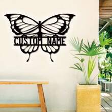 Cartel decorativo de silueta de mariposa de metal personalizable - 1 pieza Placa decorativa de hierro contemporánea para interiores y exteriores, Arte personalizado con el apellido familiar, Colgante de pared, Multiusos, Ideal para la decoración del hogar, Regalo único para vacaciones (Navidad, Halloween, Acción de Gracias) sin necesidad de electricidad - Negro - Ver 2