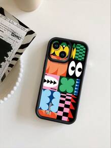 1pc Fashionable Patched Pattern Thick Anti-Slip Sand Protective Phone Case Compatible With Apple///Compatible With Redmi/Compatible With Infinix/Compatible With Vivo - Black - View 2