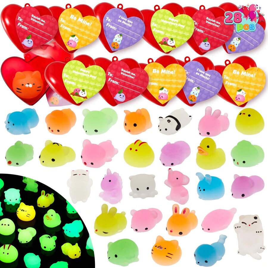 Joyfy 28 Packs Valentines Day Glow In Dark Squishy Mochi Filled Heart Toys With Gift Cards For Family Exchange Gifts Party Favors Set - 彩色 - 查看 1