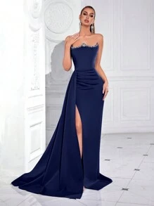 Elisanya Váy dạ hội dài hở lưng, cạp cao đính kim cương không quai cho nữ, váy dạ hội trang trọng, dành cho khách dự tiệc cưới, tốt nghiệp, tiệc tối, váy dự tiệc - Màu xanh hải quân - Xem 1