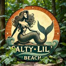 Cartel decorativo de pared con diseño de sirena - Grabado en hoja de aluminio, placa redonda vintage "Salty Lil' Beach", decoración temática náutica para bar/cafetería/hogar, regalo perfecto para entretenimiento de amigos y familiares, aluminio, 7.87x7.87 pulgadas - 1 pieza