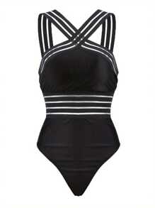 Women Criss Cross Halter One Piece Swimsuits Beachwear Summer Tummy Control Bathing Suit Swimwear - 黑色 - 查看 2