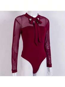 Women Long Sleeves Bodysuit, See Through Patchwork Jumpsuit, Sexy Mesh Leotard Blouse