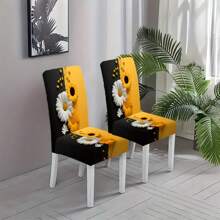 2/4/6pcs Black And Yellow Stretchable Chair Covers, Classic Daisy Print Pattern Polyester Removable Washable High Elastic Chair Cover, For Home, Office, Restaurant, Banquet Decoration - Multifunctional Furniture Protector - Multicolor - View 9