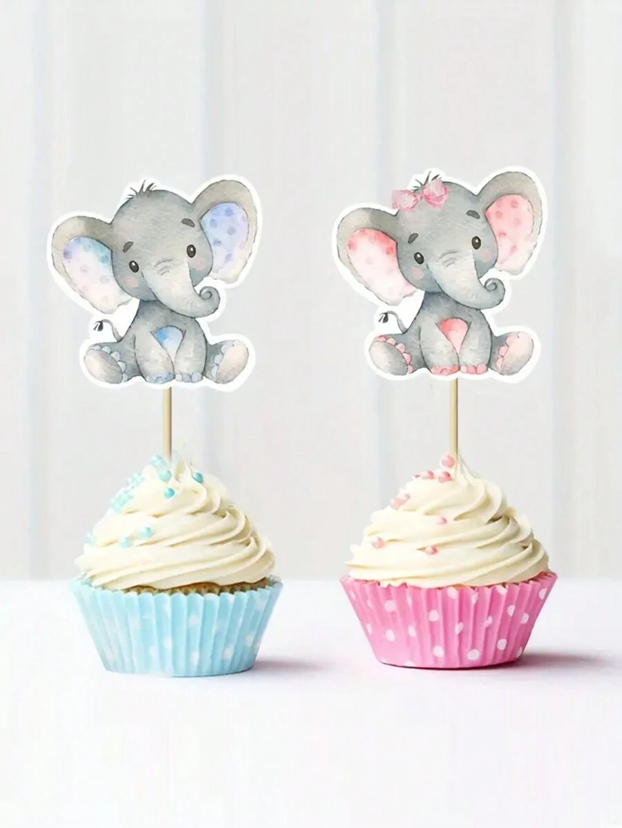 Paquete de 12 decoraciones para tarta de fiesta de revelación de género con elefantes azules y rosas, decoraciones temáticas para baby shower - 12 palos - Ver 1