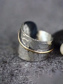 1pc Bohemian Vintage Metal Silver & Gold Color Swirl Circular Wide Open Ring For Men & Women, Suitable For Daily, Vacation, Party Wear - 彩色 - 查看 3