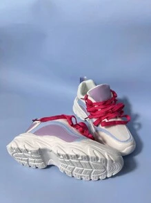 Colorblock Platform Sneakers In Pink And Blue, Lace-Up Thick Sole High Heel Shoes For Women, Casual Spring/Summer New Arrival Student Sport Shoes