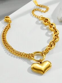 MECYLIFE 1pc Stainless Steel Heart Pendant Detail Gold Plated Bracelet For Women Valentines,Mom,Mother,Mother's Day,Gift