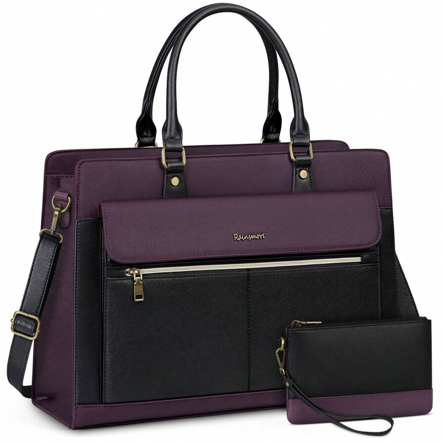 Laptop Bag For Women 15.6 Inch Laptop Tote Bag Business Office Work Bag Professional Briefcase Waterproof Leather PU Computer Bag Teacher Shoulder Bag Handbag - 紫拼黑 - 查看 1