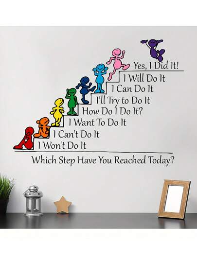 1pc Decalque de parede com citação inspiradora, adesivos de parede com frases motivacionais de desenho animado, decoração para casa, adesivos à prova d'água de PVC, arte de parede autoadesiva, adesivos motivacionais, estilo contemporâneo, para decoração de sala de aula, decoração de quarto infantil, decoração de arte de parede, decoração para casa, decoração de sala de estudo