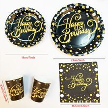 Set de 10 piezas de suministros para fiesta de cumpleaños en negro y dorado, juego de vajilla desechable dorada para fiesta de cumpleaños, platos, vasos, servilletas y mantelería de papel negro y dorado para decoración de fiesta de cumpleaños de hombres y mujeres