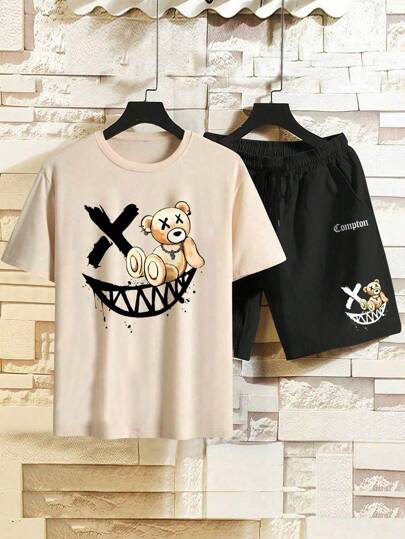 Conjunto Masculino Camiseta Streetwear Masculina + Bermuda Tactel Estampada Urso Compton Kit