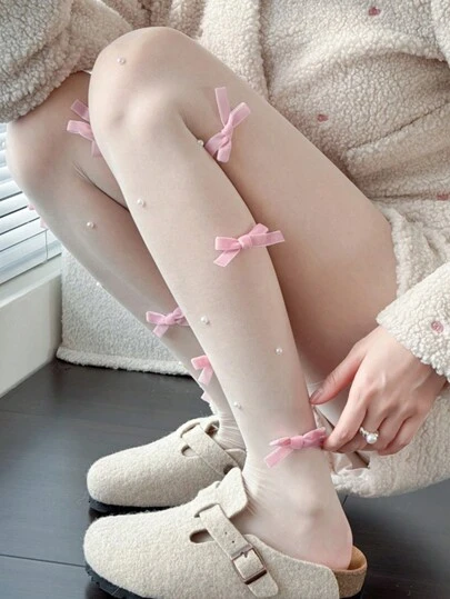 1 件女士透明连裤袜，带蝴蝶结装饰，适合体重低于 165 磅的女士