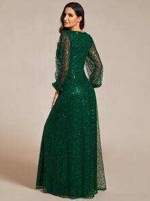 EVERPRETTY Elegant Sequin Lantern Sleeve Deep V-Neck Green Evening Gown, Suitable For Weddings, Autumn/Winter - Dark Green - View 3
