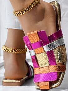 Vrouwen Kleurrijke Geweven Pantoffels Sandalen, Platte Bodem Zomer Pantoffels Met Gestructureerde Band, Casual Vierkante Neus Schoenen, Geschikt Voor Strand En Buitengebruik