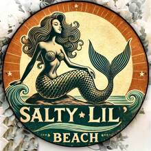 Cartel decorativo de pared con diseño de sirena - Grabado en hoja de aluminio, placa redonda vintage "Salty Lil' Beach", decoración temática náutica para bar/cafetería/hogar, regalo perfecto para entretenimiento de amigos y familiares, aluminio, 7.87x7.87 pulgadas - 1 pieza