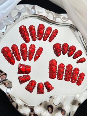 10Pcs/Pack Handmade Rhinestone Red Holographic Y2K Luxury Stylish Nail Art Stickers For Holiday, Party & Everyday Press On Nails Nail Supplies Nails