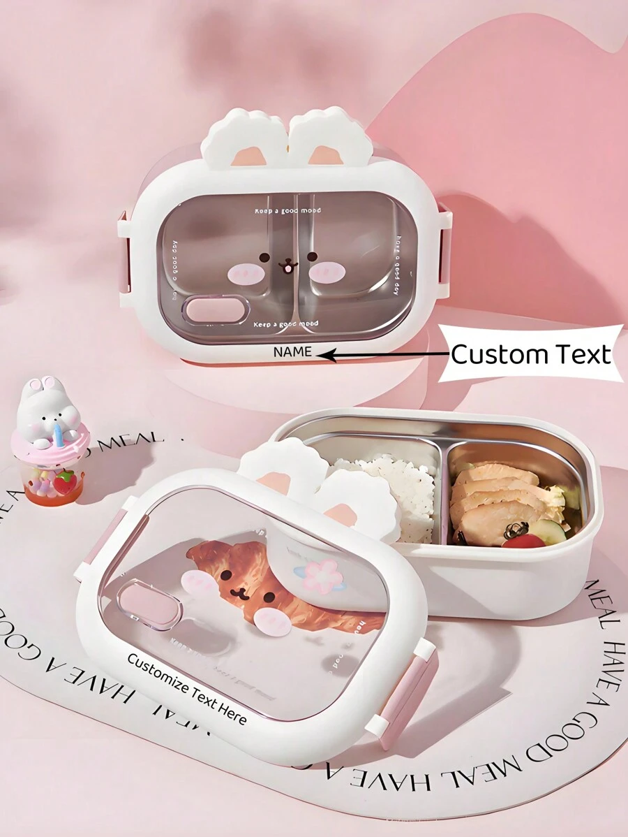 1pc Customizable Rabbit Design Lunch Box, Portable, Insulated, Cute Cartoon, Outdoor, Travel, Student, Office Worker, College, Versatile For Daily Use, Made Of Stainless Steel And PP Material, Dual Color Option, Divided Meal Box, Customizable Text, Exquisite And Beautiful Bento Box