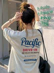 Women's Light Gray Letter Print Short Sleeve T-Shirt, Summer