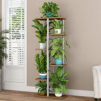 Porta Piante, Mensola per Fiori in Metallo per Interni con Base Rinforzata in Legno, Porta Fiori ad Angolo Antiscivolo a 4/5/6/7/8 Livelli per Patio Soggiorno Balcone Giardino Camera da Letto