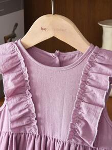 适合夏季的年轻女孩优雅平纹织物圆领无袖连衣裙（带衬里） - 紫色 - 查看 4