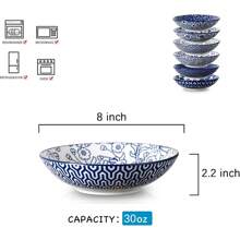 Local Shipping Porcelain 40oz Large Bowls 9 Inch Big Pasta Salad Bowls, Microwave And Oven Safe, Colorful, Set Of 6 - Vintage Blue - View 2