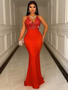 CHOSMO 新款夏季亮片露背吊带红色婚纱，优雅奢华舞会礼服高腰修身长裙，Rojo - 紅色 - 查看 5