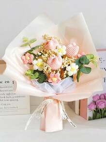 Crochet Flower Tulip Bouquet, Completed Handmade Artificial Flower Knitted Sunflower Bouquet For Festival Wedding Graduation Anniversary Mother's Day Valentine's Day Anniversary Gifts, Valentines Decorations, Wedding Decorations, Photobooth Props - 粉色 - 查看 1