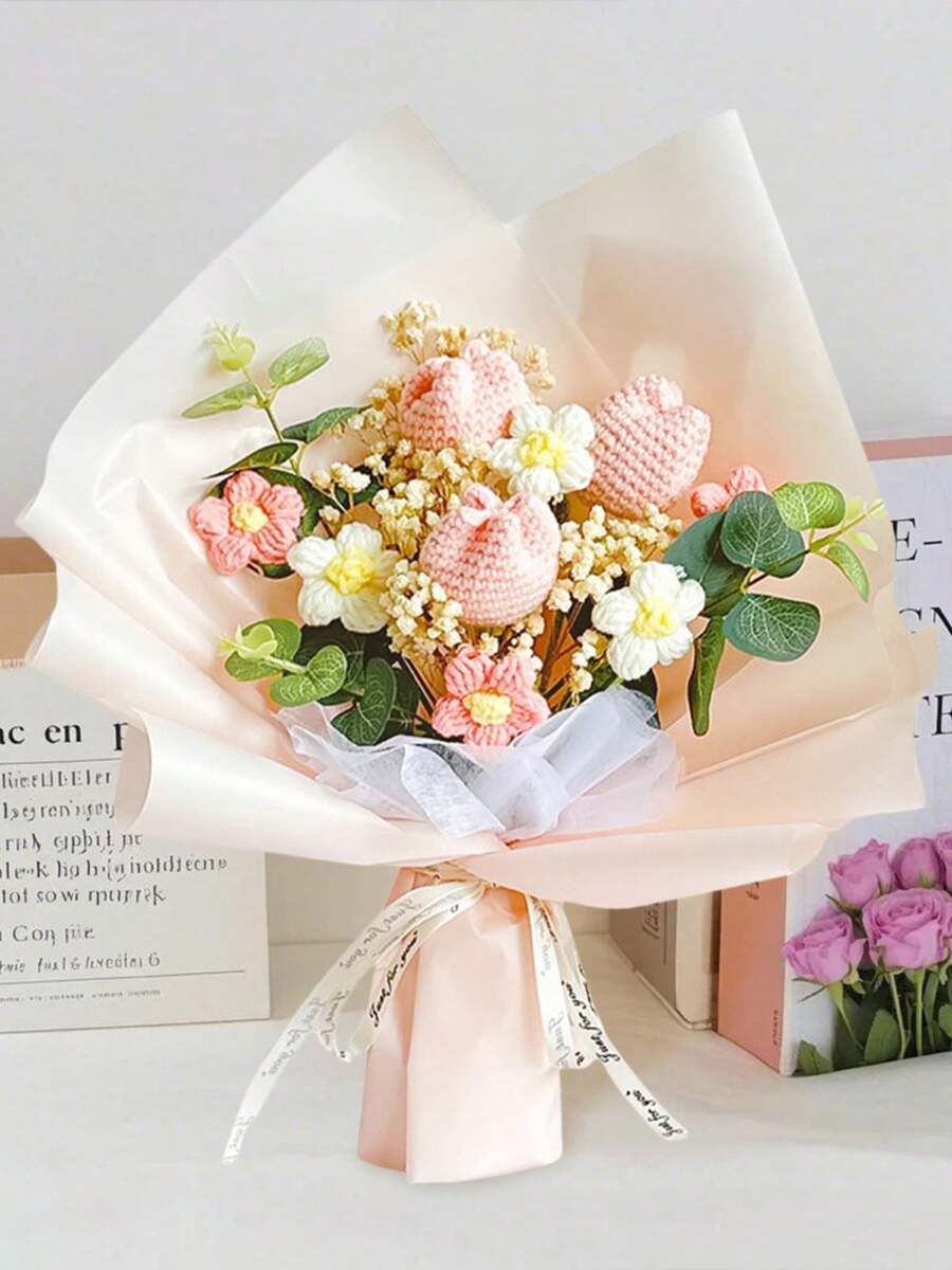 Crochet Flower Tulip Bouquet, Completed Handmade Artificial Flower Knitted Sunflower Bouquet For Festival Wedding Graduation Anniversary Mother's Day Valentine's Day Anniversary Gifts, Valentines Decorations, Wedding Decorations, Photobooth Props - 粉色 - 查看 1