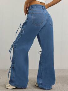 Blugi albaștri spălați americani de epocă pentru femei, ocazional de primăvară/vară, cu o formă lejeră, decor fluture, pantaloni versatili cu picioare drepte - Albastru - Vizualizare 8