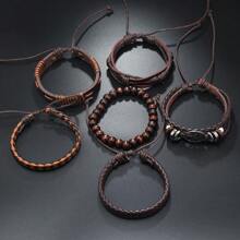 6pcs Vintage PU Leather Tree Of Life Braided Beaded Bracelet Set, Unisex, Suitable For Father's Day, Boyfriend Gift, Daily Wear
