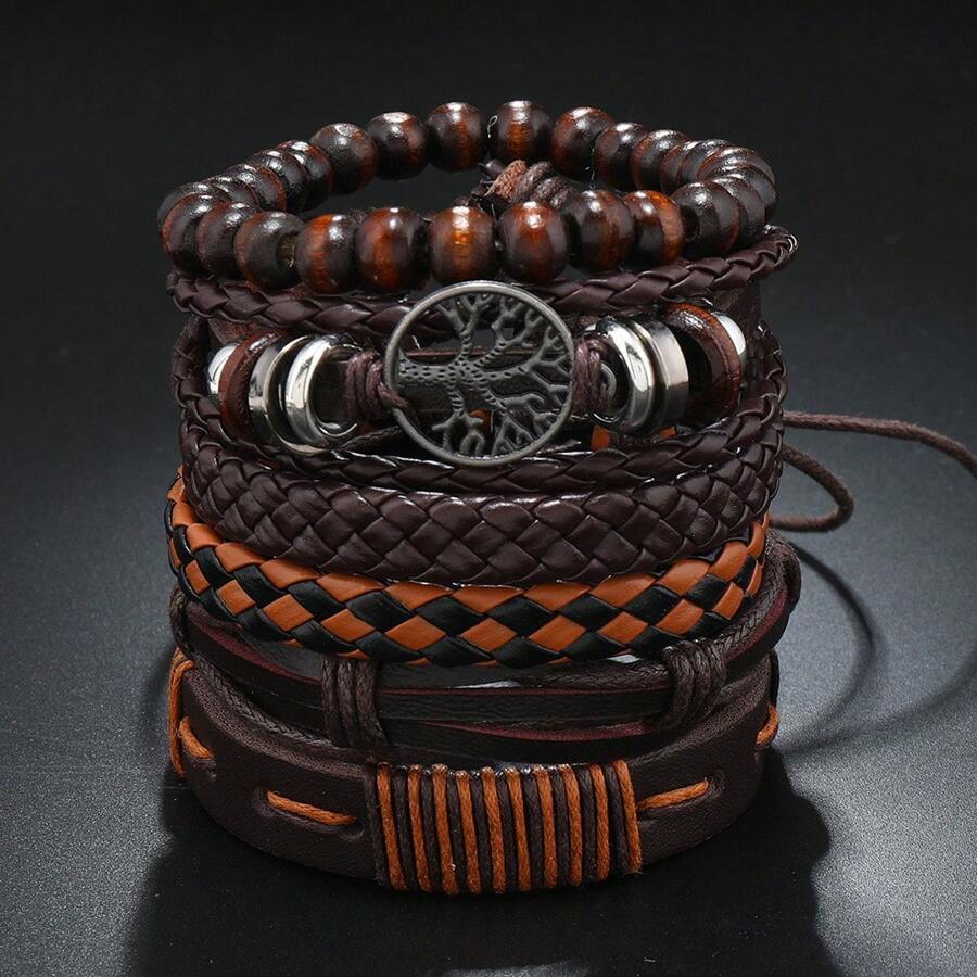 6pcs Vintage PU Leather Tree Of Life Braided Beaded Bracelet Set, Unisex, Suitable For Father's Day, Boyfriend Gift, Daily Wear
