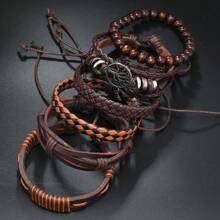 6pcs Vintage PU Leather Tree Of Life Braided Beaded Bracelet Set, Unisex, Suitable For Father's Day, Boyfriend Gift, Daily Wear