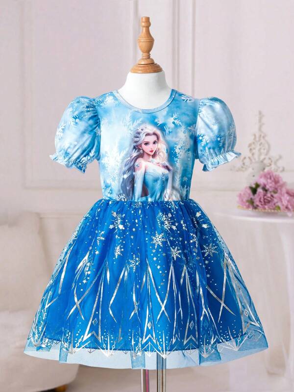 Rochie de prințesă cu tematică Frozen pentru fetiță, imprimeu albastru de gheață și zăpadă cu fustă de tul cu volane, costum fantezie de basm pentru petrecere de aniversare, Halloween, spectacol pe scenă, 4-7 ani, primăvară/vară