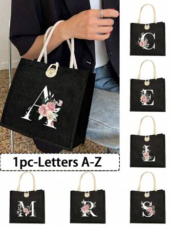 黑色亚麻印花首字母图案手提包，时尚名字首字母印花亚麻手提包，黑色亚麻纽扣装饰手提包，简约大容量手提包，便携休闲收纳手提包，多功能购物袋，送礼的最佳选择
