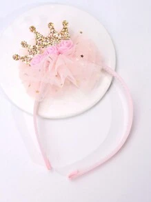 1pc Girls Cute Flower, Mesh, Star Decor, Sequin Crown Headband - Pink - View 3