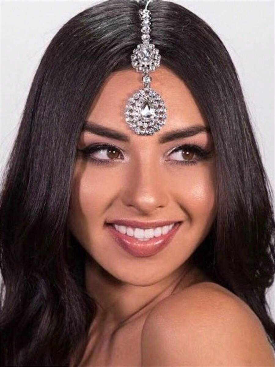 1pc Colorful Waterdrop Pendant Headchain, Shiny Crystal Rhinestone Forehead Chain Jewelry Hair Accessory For Women Party