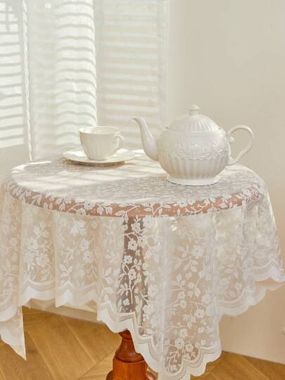 1pc Floral Lace Tablecloth - Rustic Sheer Washable Lace Trimmed Coffee Table Cloth - Ideal For Picnic, Camping, Birthday Party, Valentine's Day And Home Kitchen Decor
