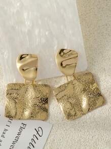2pcs Fashionable Personalized Hammered Square Geometric Gold Nugget Pendant Earrings, Elegant