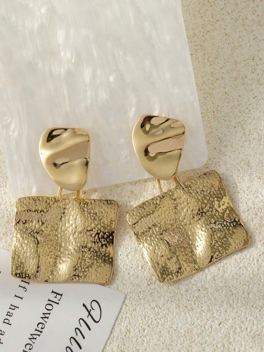 2pcs Fashionable Personalized Hammered Square Geometric Gold Nugget Pendant Earrings, Elegant