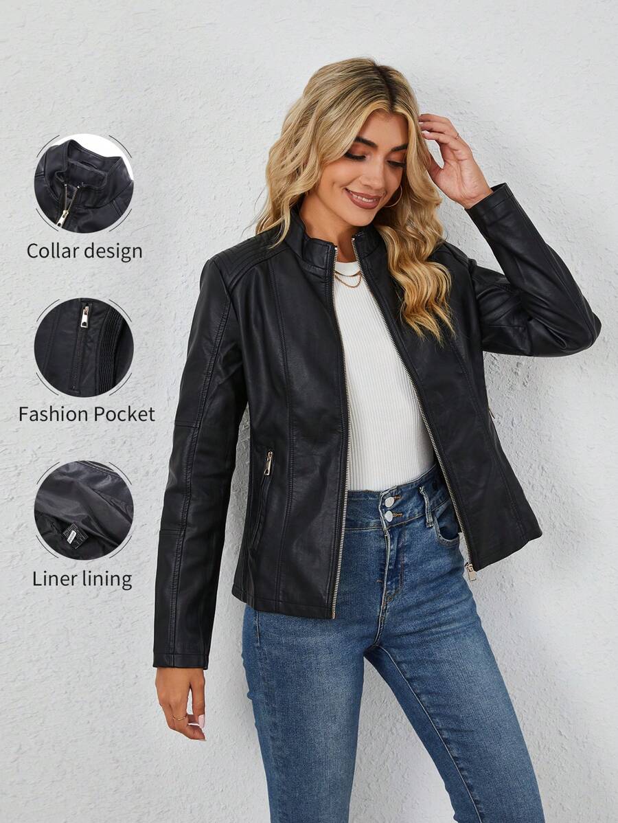 Giolshon Women's Faux Leather Motorcycle Jacket - Asymmetric Zipper, Stand Collar Design, Creates Avant-Garde Commuter And Urban Street Style For Autumn/Winter