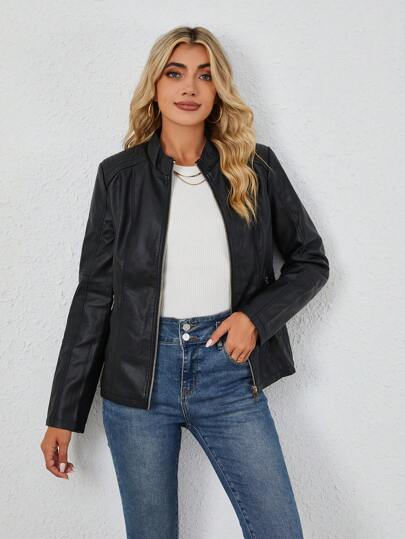 Giolshon Women Faux Leather Motorcycle Jacket - Asymmetric Zipper, Stand Collar, Suitable For Urban Streetwear And Commuting Style, Spring Black Elegant
